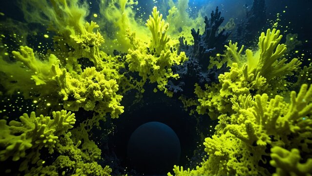 Vibrant yellow coral formations surrounding a dark underwater void
