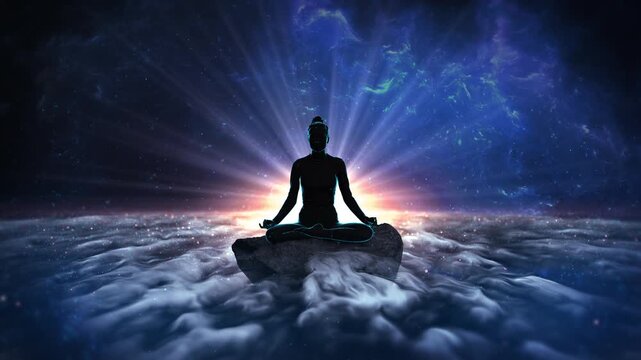 Person sitting in lotus pose and achieving enlightenment spiritual awakening meditating man self realization. gesture relax meditate try to calm down, yoga studio, focusing on breath full relaxation