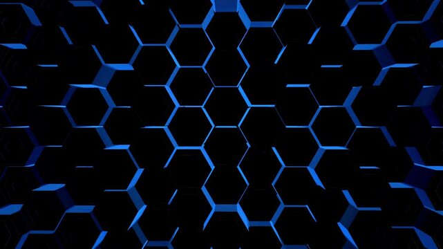 Blue neon hexagons pulse with light within a deep 3d grid for a futuristic tech background.
