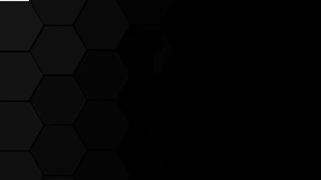 Black hexagons transition across a white background with dynamic geometric motion and flat design.