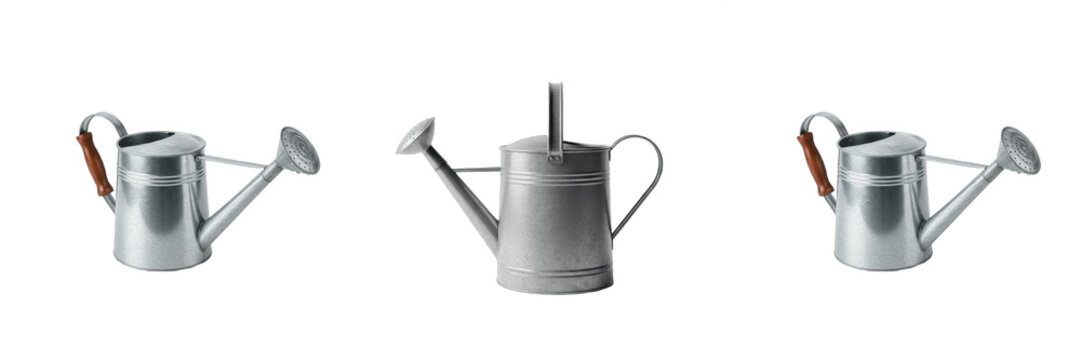 Galvanized metal watering can set isolated on transparent background. Classic zinc garden water pot with wooden handle collection PNG. Vintage gardening tools graphic element for horticulture and spri