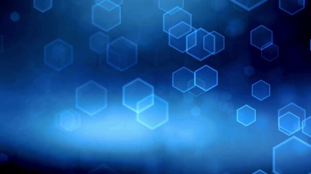 Blue hexagonal bokeh shapes drift across a soft glowing digital background.