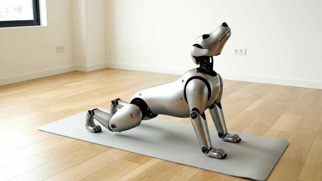 Metallic robot dog doing yoga on mat in modern room