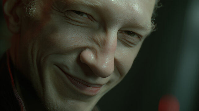 Intriguing close-up of a man with a wicked grin in an enigmatic environment. The scene hints at a sense of mischief or perhaps villainy. His expression evokes curiosity 