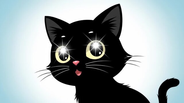 Adorable Animated Black Cat Character with Bright Sparkling Eyes and Whiskers on a Gradient Blue Background.