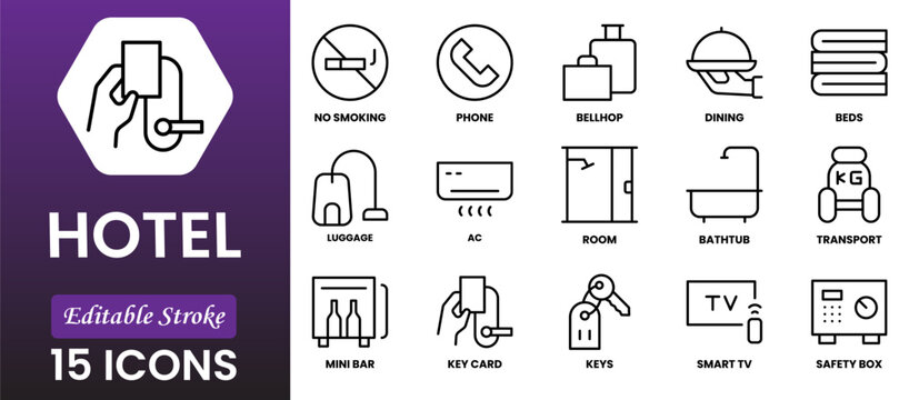 Hotel line icon set. Hostel, apartment, reception, hotel maid, bell boy, room and more. Outline vector icon in linear style. Pictogram collection