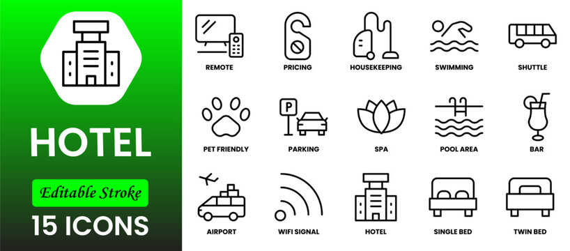 Hotel line icon set. Hostel, apartment, reception, hotel maid, bell boy, room and more. Outline vector icon in linear style. Pictogram collection