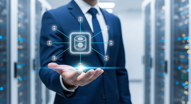 Business professional demonstrating advanced data management with a glowing holographic database network projection in a secure server infrastructure