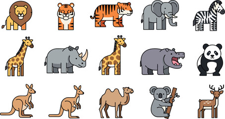 Obraz premium Minimal outline wild animal icon set featuring lion tiger elephant zebra giraffe kangaroo panda camel deer vector collection