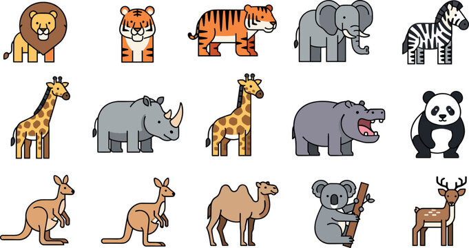 Minimal outline wild animal icon set featuring lion tiger elephant zebra giraffe kangaroo panda camel deer vector collection