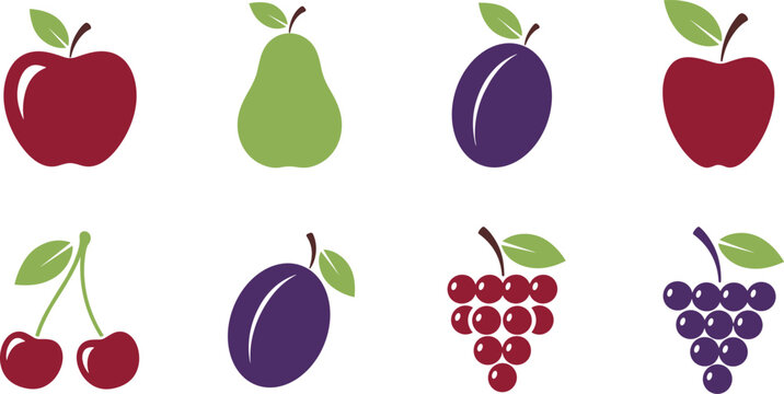 Flat fruit icon set featuring apple pear plum cherry grape minimal vector collection for healthy food design