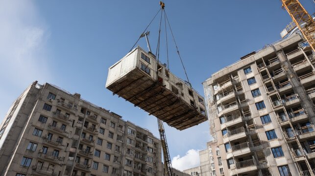 Crane lifting modular building unit above construction site with urban landscape in the background