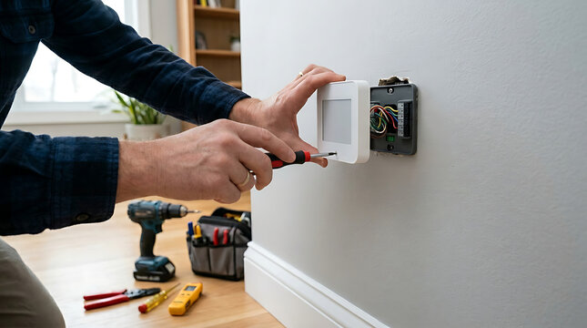 professional technician installing smart home security system control panel on wall using screwdriver and electrical tools for modern house automation and safety monitoring