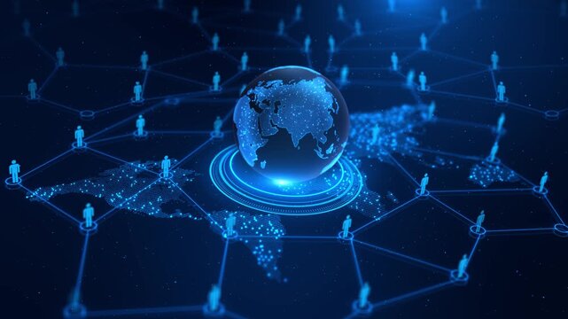 Global Network Connectivity Concept Digital Earth network of interconnected human silhouettes over a world map. Perfect for global business, telecommunications, and social media connectivity. 3D 4K