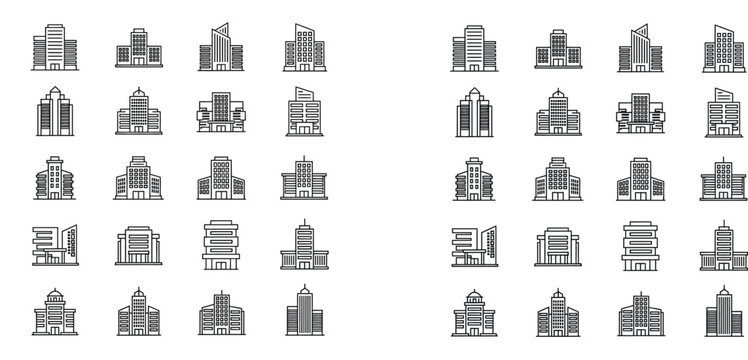 Set of 20 minimalist line art building icons, modern skyscraper and office architecture illustrations for urban city business corporate design, isolated vector outline symbols.