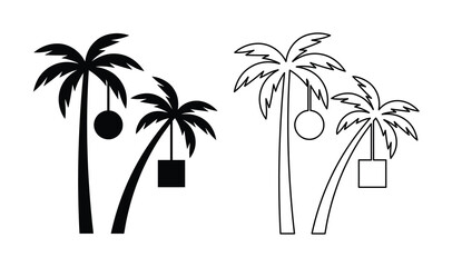 Obraz premium Tropical palm tree silhouettes with hanging Christmas ornaments, festive summer holiday vector icons, black and white beach vacation winter celebration