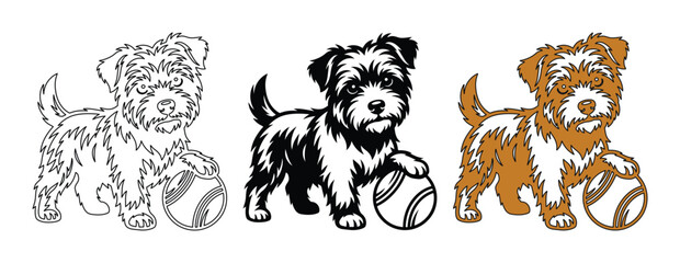 Vintage terrier puppy dog vector set, scruffy puppy playing with ball illustration, hand drawn canine pet sketches in black and brown line art © HayeGareebi
