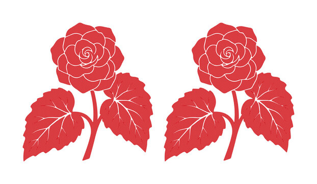 Red begonia flower vector illustration, botanical floral silhouettes with leaves, elegant garden blossom icons for wedding invitations and branding