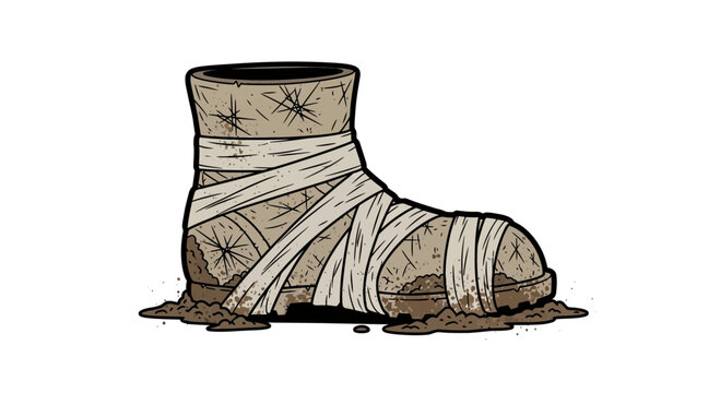Worn out boot with bandages, isolated on white background