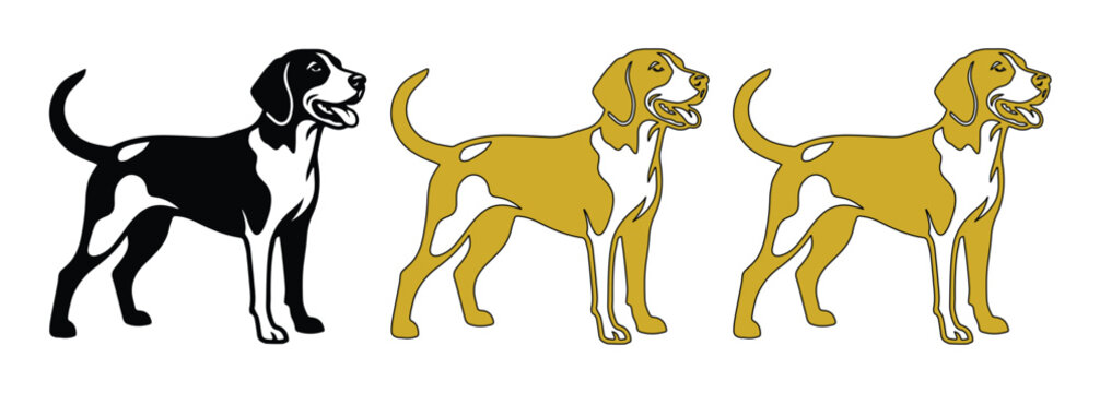 Beagle dog vector silhouettes, hunting hound canine illustrations in black and gold, standing pointer dog breed graphics for pet branding