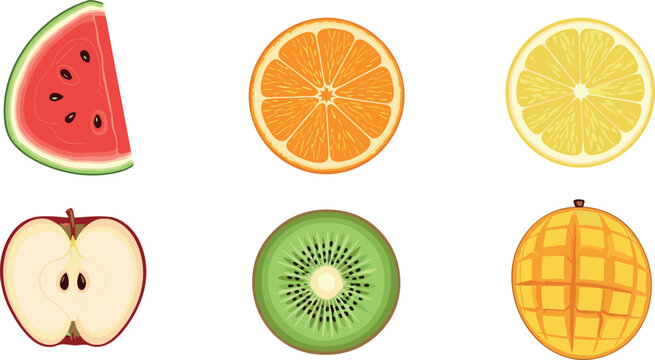 Flat sliced fruit icon set featuring watermelon orange lemon apple kiwi mango colorful vector collection for healthy food design