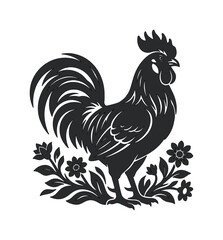 Vintage rooster silhouette vector, rustic farm animal illustration with floral accents, black cockerel bird icon for organic food branding and logo design © HayeGareebi