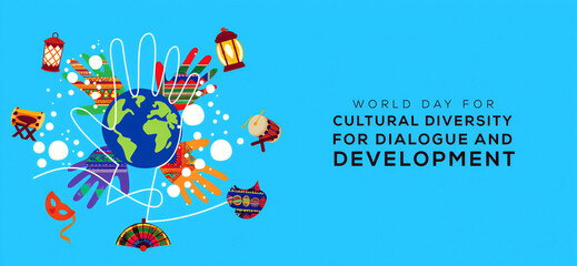 Colorful world day for cultural diversity illustration with global elements and hands around earth celebration