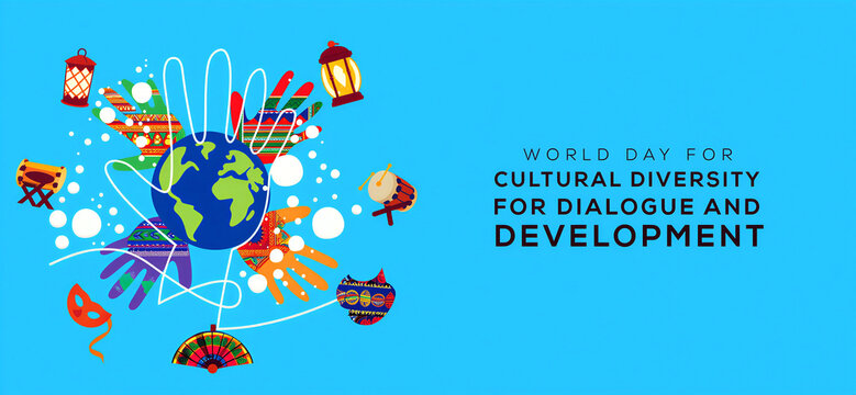 Colorful world day for cultural diversity illustration with global elements and hands around earth celebration