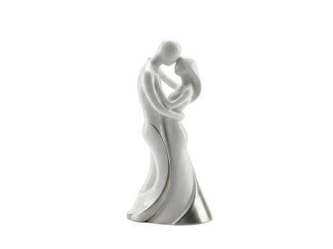 Elegant white ceramic statue depicting a couple in a romantic embrace with smooth glossy textures and minimalist flowing design isolated transparent background image