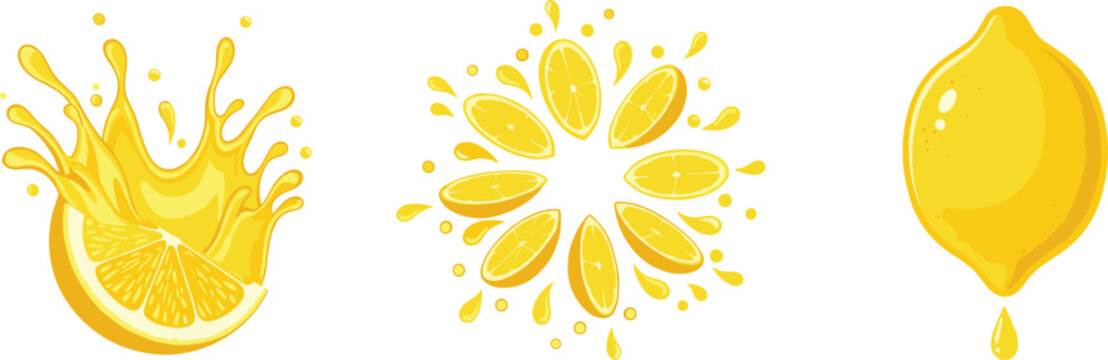 Lemon juice splash vector illustration set with citrus slice burst and dripping whole lemon, fresh yellow fruit elements isolated on white