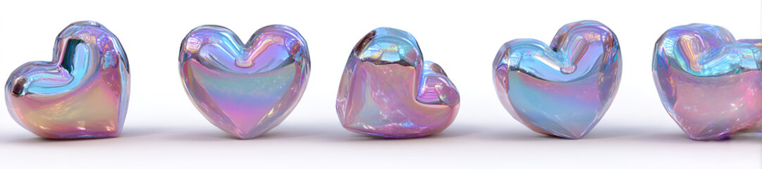 Fototapeta premium A row of five iridescent heart-shaped objects, each displaying a shimmering play of colors like pink, blue, and gold. Their glassy surfaces reflect light, arranged on a white background