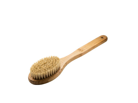 Ergonomic bamboo bath brush with natural bristles for gentle exfoliation and skin massage, showcasing a light wood texture and hanging hole, isolated transparent background image