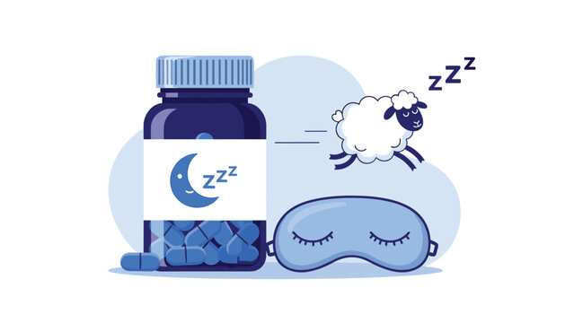 Concept of insomnia treatment and sleep aids featuring bottle of pills, sleeping mask, and counting sheep jumping over moon icon.