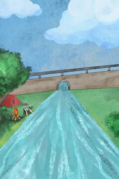 Illustration of camping scenery by the river while fishing