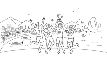 Obraz premium Soccer Team Celebrates Victory with Trophy on the Beach