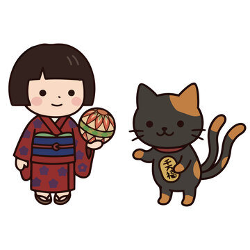Cute flat illustration of Japanese folklore characters Zashiki-warashi girl holding a Temari ball and Nekomata cat with two tails