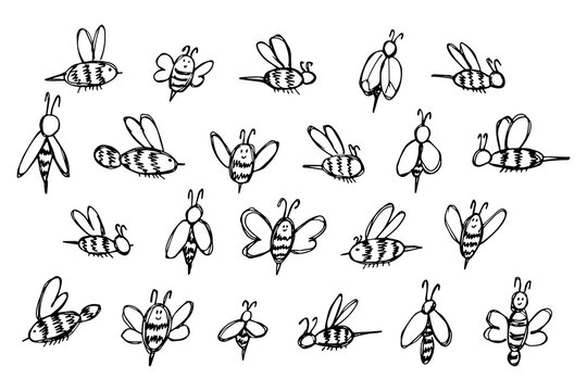 Set of hand drawn happy funny cute honey bee clipart Adorable flying striped insect friendly kawaii bumble bee For kids print, web, design, decor, logo