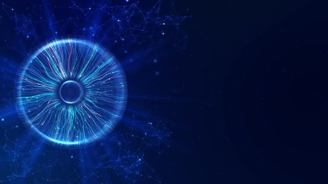 Futuristic Eye icon hud motion animation, cyber technology laser lines on black background. Eye symbol in digital space, animation consists stream of numbers 3D 4K cyberspace or digital transformation