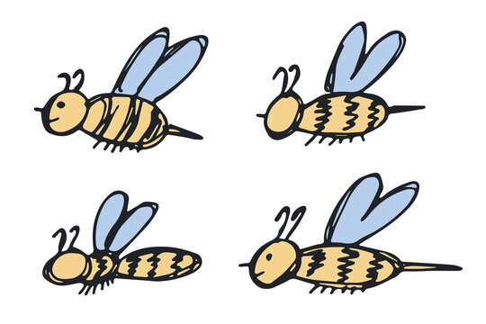 Set of hand drawn happy funny cute honey bee clipart Adorable flying striped insect friendly kawaii bumble bee For kids print, web, design, decor, logo