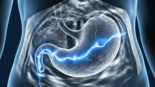 pancreas operating in close side crop of mid abdomen as horizontal structure behind stomach shows active signal flow, illustrating digestive enzyme release, metabolic regulation, and internal organ