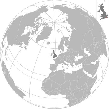 World vector map with country boundaries and graticules (United Kingdom centered view, orthographic projection, PPT-compatible & fully editable)	