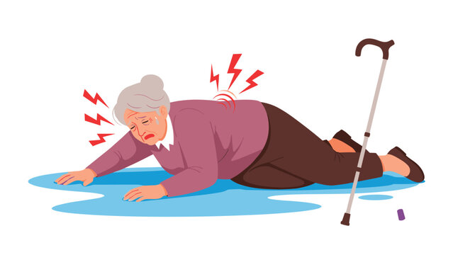 Elderly woman has fallen on a wet floor and clutches her back in pain, highlighting the risk of accidents and bone health.