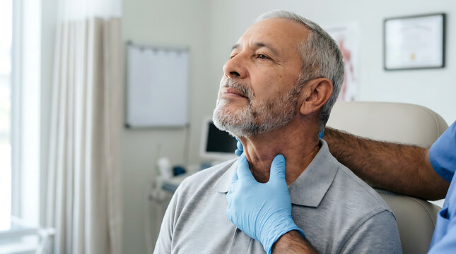 senior man undergoing thyroid physical examination by doctor in blue gloves at medical clinic for neck lump checkup and endocrine health diagnostic screening in hospital office