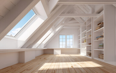Fototapeta premium An attic with a sloped ceiling, skylights, and a built-in bookshelf. Light wooden floors and white walls create a bright space