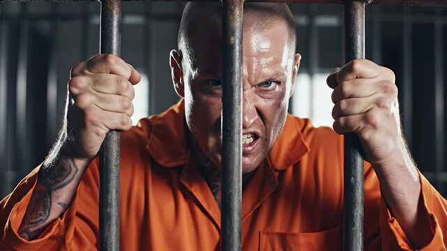 Aggressive Male Inmate Gripping Prison Cell Bars With Intense Expression in Orange Jumpsuit Dramatic Lighting Dark Background Corporate Awareness Concept