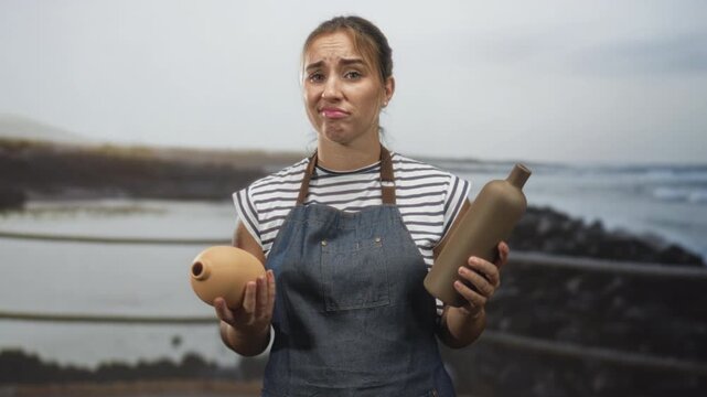 Woman holding two clay vases in hands, pouting and wearing denim apron over striped shirt while posing in a pottery studio with seaside backdrop; frustration.