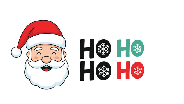 Jolly face of Santa Claus with a red hat next to colorful ho ho ho text for traditional christmas holiday designs.