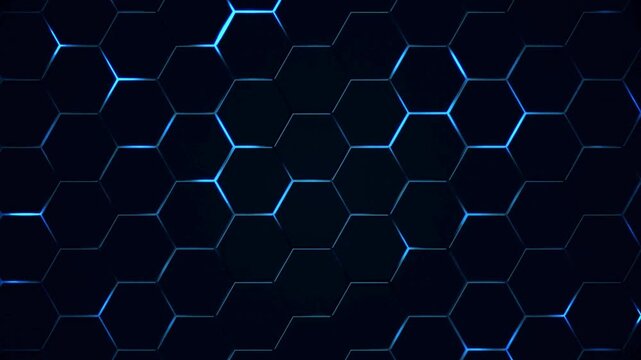 Blue hexagonal grid pulses with neon light across a dark textured surface in a seamless loop.