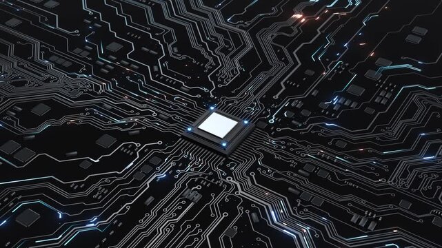 Central Processing Unit CPU on Dark Circuit Board Glowing Lines powerful microchip on a motherboard. for hardware reviews, gaming computer advertisements, and artificial intelligence processing themes