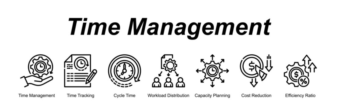 Time Management banner web icon vector illustration concept with an icon of Time Management, Time Tracking, Cycle Time, Workload Distribution, Capacity Planning, Cost Reduction, Efficiency Ratio